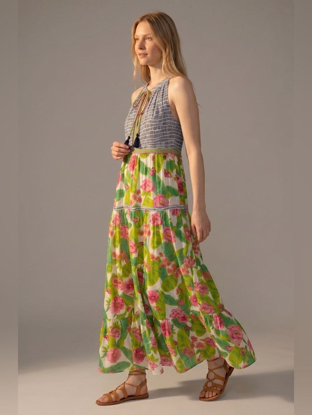 Adrift Bohemian Floral Green Tiered Maxi Dress. Tropical. Hawaiian. Summer. M